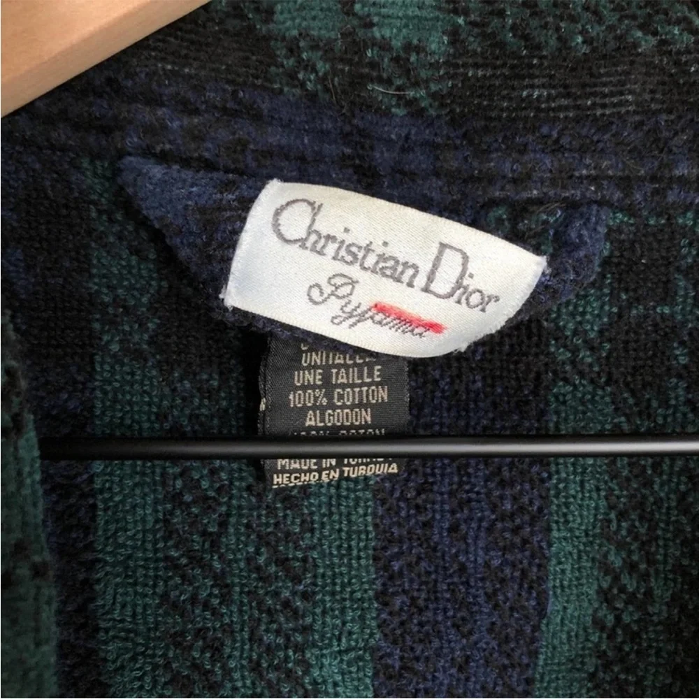 Vintage Christian Dior Pyjama Cotton Robe Plaid Green Blue One Size Terry Robe - Picture 5 of 12